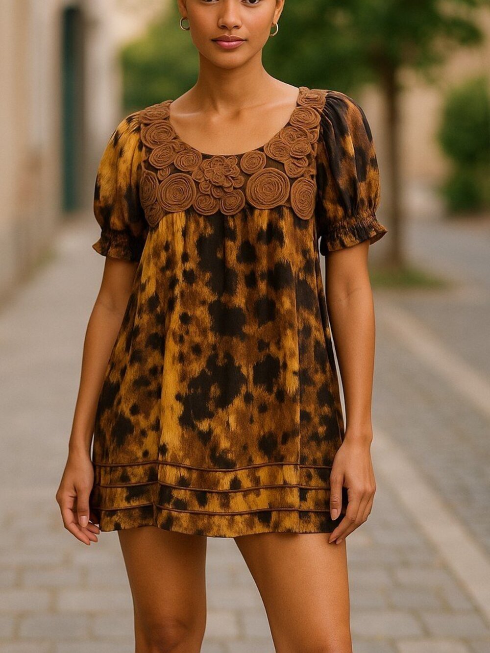 VINTAGE ECI Babydoll Mini Dress L Tunic Top Rosette Applique Coquette Ruffle